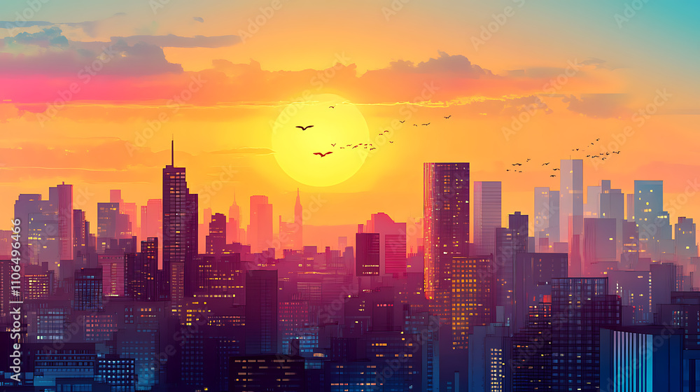 Poster a cityscape with buildings and sunset in the background