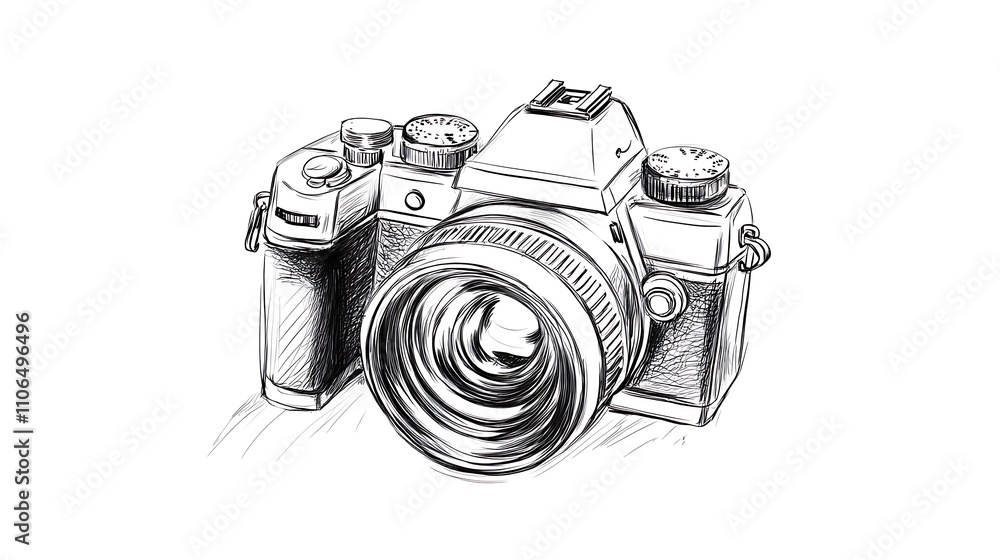 Poster sketch of a camera for filmmaker, single line drawing, shape sketch only, single line, black line on