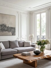 Elegant Living Room with Gray Sofa and Wooden Coffee Table