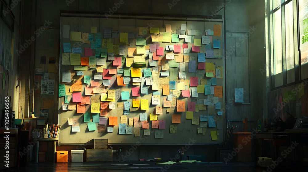 Poster a large board with sticky notes hanging from it