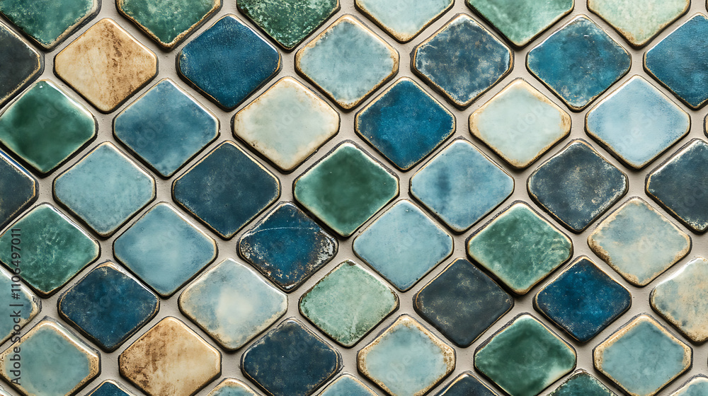 Poster an image of a tile with hexagons and blue and green designs