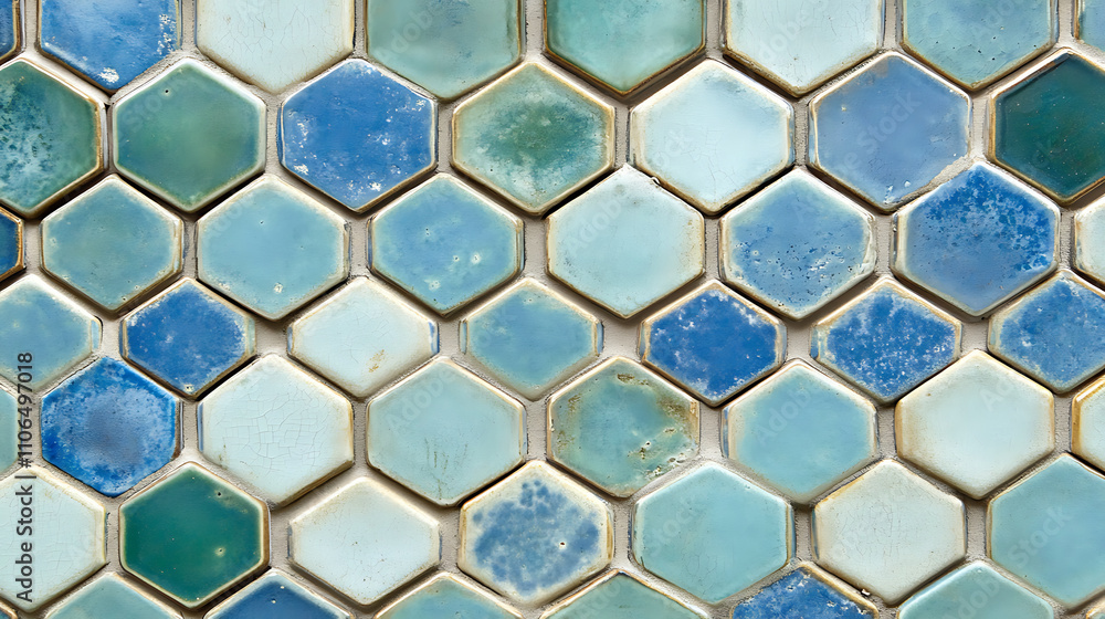 Poster an image of a tile with hexagons and blue and green designs