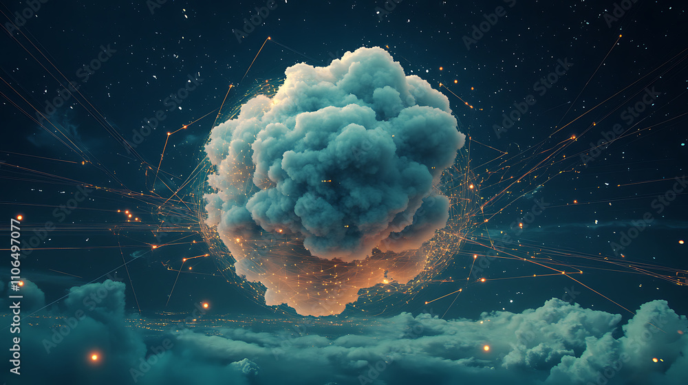 Poster a cloud over a globe with the telecommunication network around it