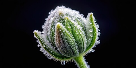 Close-up of frosted plant bud against black background, frost, plant, bud, close-up, nature, winter, cold, frozen, macro, beauty