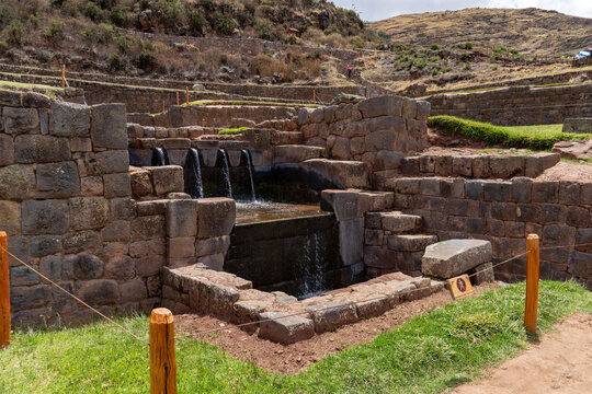 The remains of the Inca fountain at Tipon in the Sacred Valley, Cusco region in Peru, archaeological site