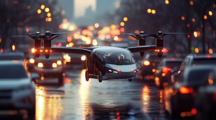 An electric flying vehicle hovers above congested city streets during twilight, showcasing advanced transport technology.