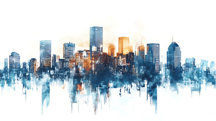 A white background with blue and brown city and sky building
