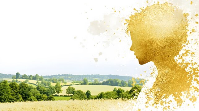 Silhouette of gold dust, overlaid with an image of a peaceful countryside, representing steady preservation of wealth. Double Exposure.[Gold]:[Safe Heaven] 