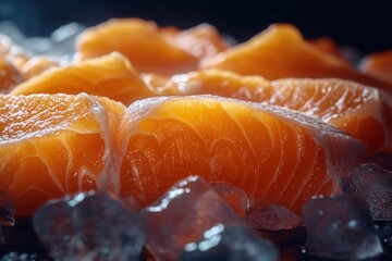 Fresh salmon steaks resting on ice, vibrant orange texture and detailed icy background showcasing premium freshness, AI-generated