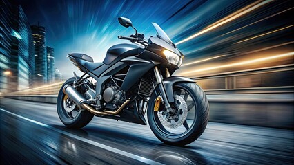 Sleek black motorcycle speeding on the road, with a design showcasing its inner workings , fast, speed, vehicle