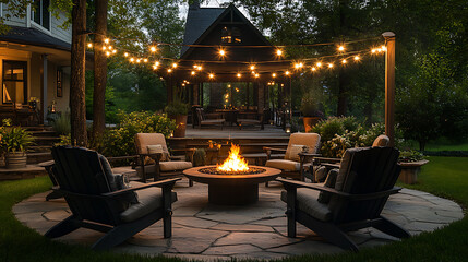 Rustic outdoor living space with fire pit Comfortable chairs And string lights for cozy evenings