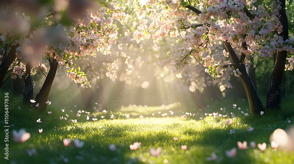 Aufkleber blossoming trees in a forest with grass and sunlight