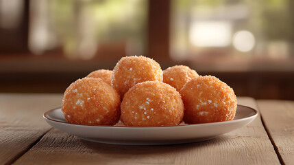 Small balls of freshly baked homemade cottage cheese doughnuts in a plate on a wooden background, Rustic style, selective focus and soft blurred edge