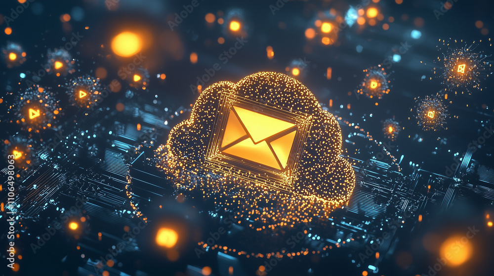 Poster a stylized image depicts an email symbol within a glowing cloud, resting on a circuit board. surroun
