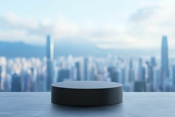 Modern minimalist style for economic risk volatility measurement, matte black podium, front view focus, set against a dynamic city skyline background.