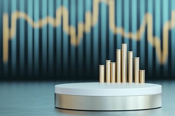 Obraz premium Sleek corporate display for Economic risk mitigation trends Metallic tones, podium front view focus, with abstract financial graphs background.