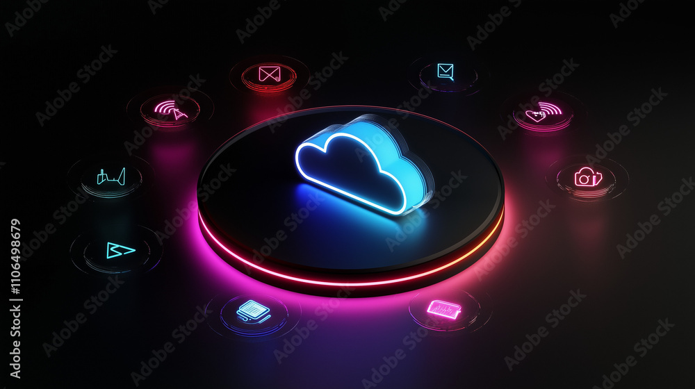 Poster neon cloud icon centrally located on a platform, surrounded by various application icons, representi