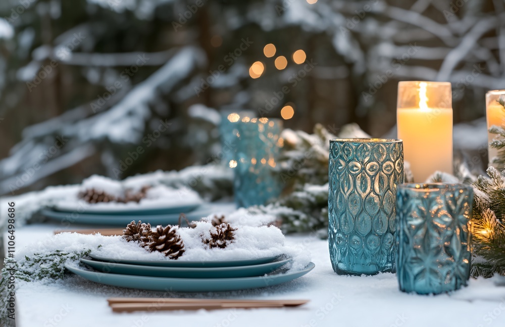 Aufkleber a table with a blue tablecloth and a blue plate with pine cones on it. there are candles on the tabl