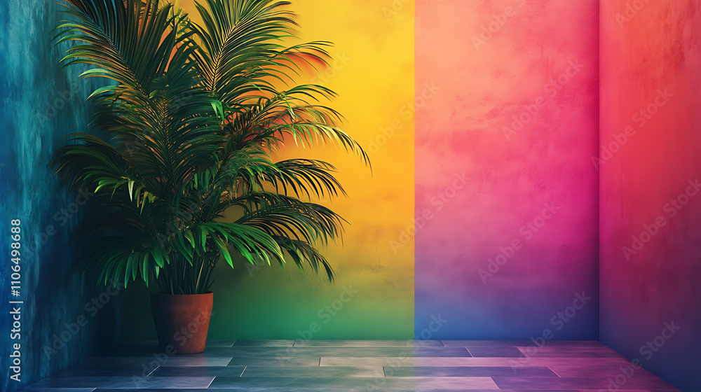 Poster tropical backdrop with a palm tree in color