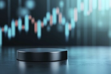 Sleek modern minimalism Economic risk exposure consequences Black metal podium, front view focus, with dynamic financial data visualization backdrop.