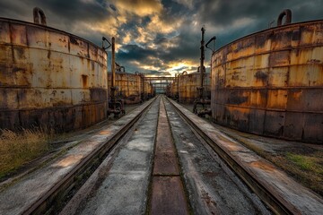 Obraz premium Rusty Industrial Tanks Under Dramatic Sky with Soft Evening Light Over Abandoned Railroad Tracks Surrounded by Grassy Landscape and Weathered Machinery