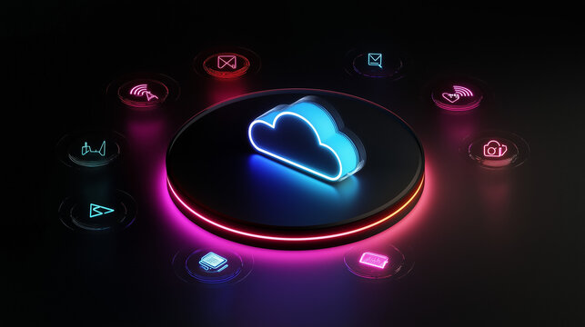 Neon cloud icon centrally located on a platform, surrounded by various application icons, representing centralized data storage and seamless app access via cloud technology