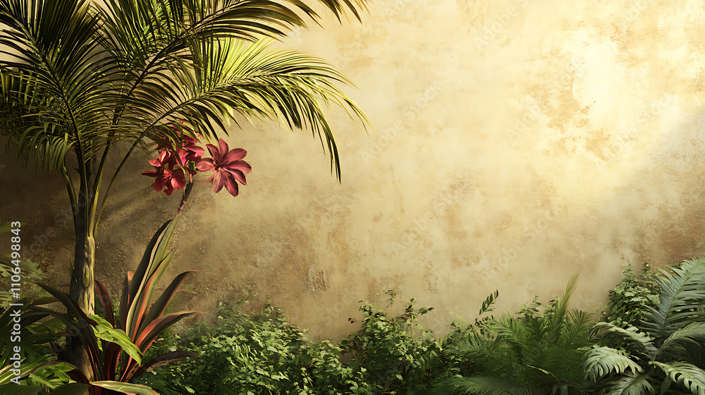 Poster tropical backdrop with a palm tree in color