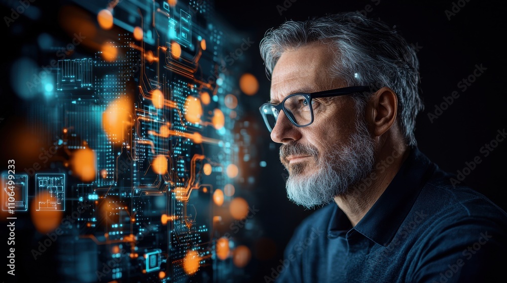Poster ai analyst evaluating advanced machine interface in a technological workspace indoor setting digital