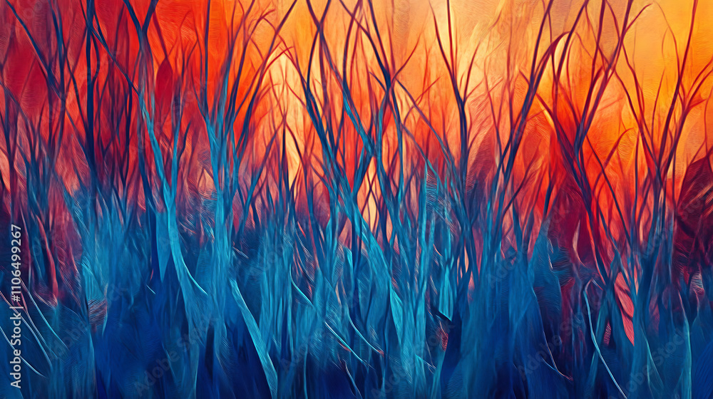 Poster trees with a blue, red and orange color abstract art