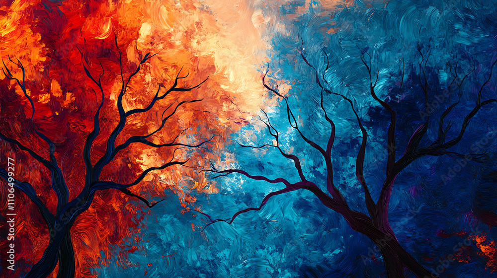 Poster trees with a blue, red and orange color abstract art