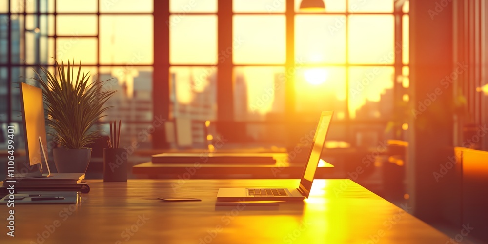 Poster a laptop is open on a desk in front of a window with a view of the city. the sun is shining through 