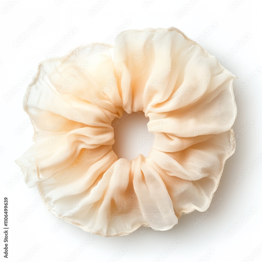 Poster a white and tan scrunchie with a white base. the scrunchie is made of a soft material and has a roun
