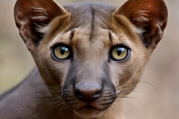 A detailed close-up portrait of a fossa, showcasing its striking features