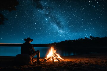 Silhouette of a man sitting by a campfire under a starry sky with the Milky Way reflection on a calm lake
