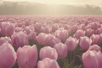 Serene Pink Tulip Fields at Sunrise, Bathed in Soft Light with a Dreamy Atmosphere, Perfect for Springtime and Nature Lovers, Illustrating Tranquility and Beauty