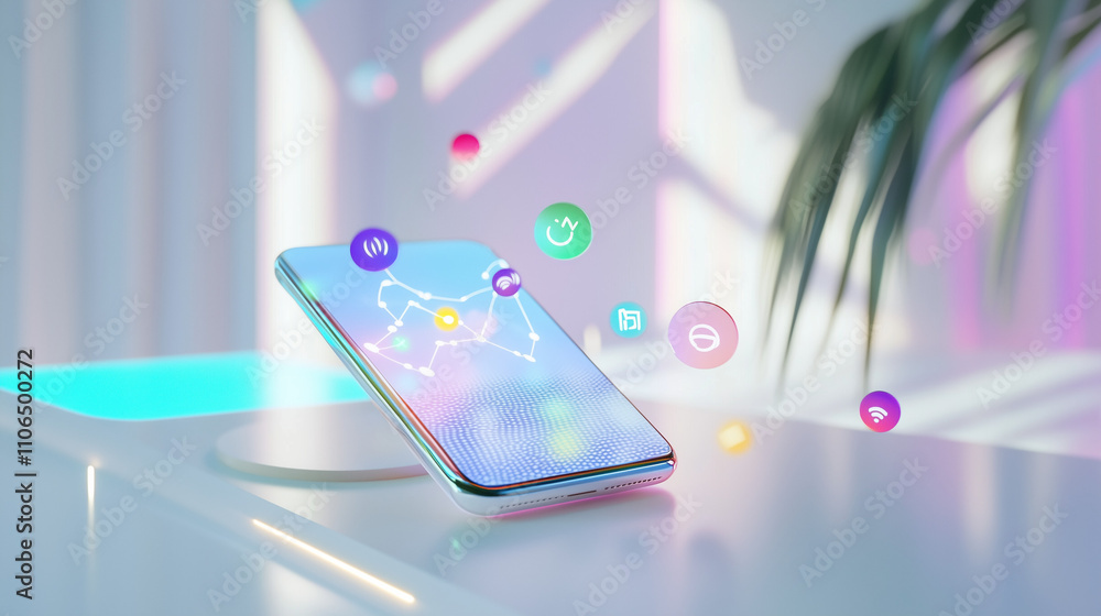 Poster a smartphone rests on a wireless charger, showcasing vibrant social media icons floating around it, 