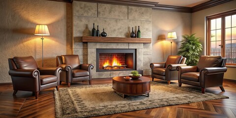 Cozy living room setting with artificial fireplace, leather chairs, and carpet, living room
