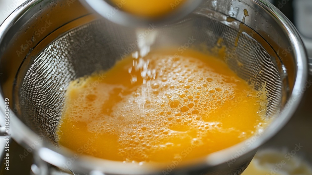 Poster Bright orange juice is being strained through a fine mesh strainer, allowing pulp and seeds to separate from the liquid. This simple process highlights the method of crafting fresh juice at home.