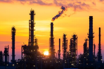 Obraz premium Silhouetted Industrial Oil Refinery Against Vivid Sunset Sky with Smoke Emissions and Towering Structures Highlighting Environmental Concerns in Urban Settings
