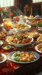 Many chinese food on table in lunch time. chinese food. Ultra realistic. Photorealistic hypermaximalist advertising photography hyper realistic fine detail