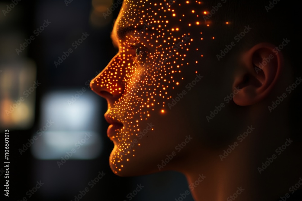 Aufkleber stunning profile of a person with illuminated dot patterns on their face captured in a dark environm