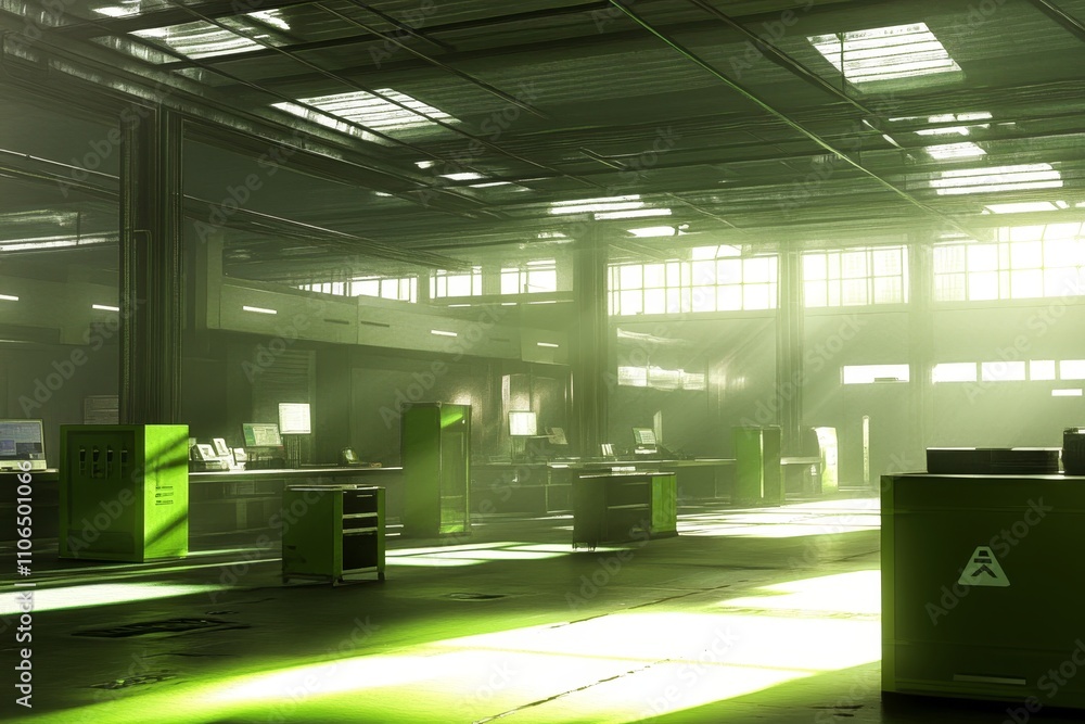 Poster sunlight streaming through windows in an industrial workspace with green accent furniture and modern