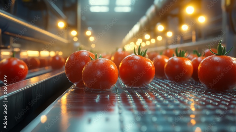 Poster Ripe red tomatoes roll on a conveyor belt in a modern processing facility where they are being prepared for juice production. The atmosphere is vibrant with industrial lights illuminating the scene.