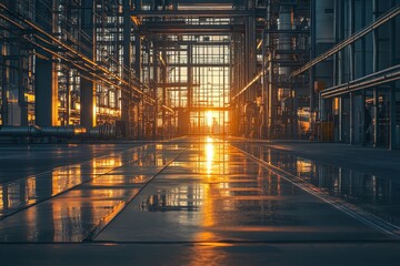 Fototapeta premium Sunlight Streaming Through Industrial Warehouse Structure, Illuminating Reflective Floor Surfaces in Modern Factory Environment at Dusk