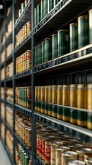 Rows of neatly stacked shelves holding cans of canned food in a grocery store, rows of neatly stacked shelves displaying a variety of canned goods. canned food.