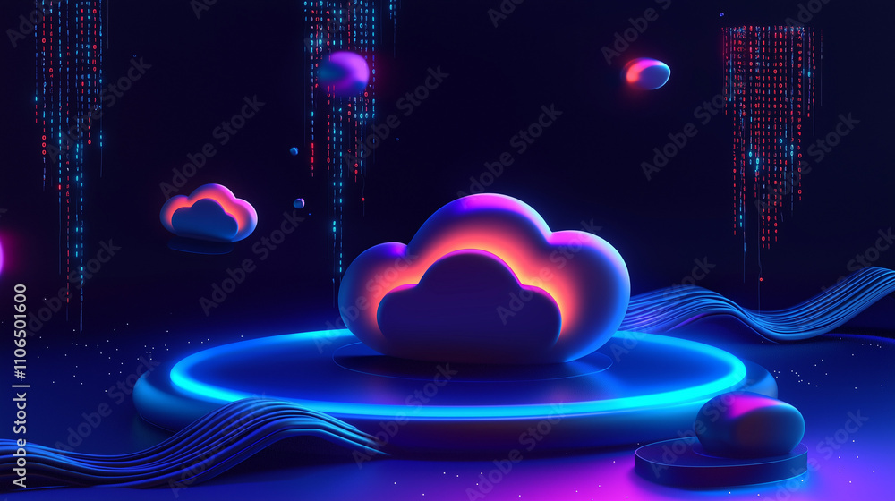 Poster stylized 3d render of glowing cloud icons on a neon platform, representing digital data storage, clo