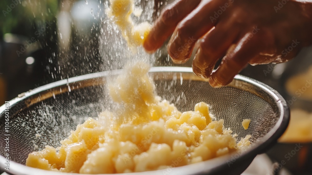 Poster hands carefully strain freshly prepared fruit, ensuring a smooth texture for juice. the process invo