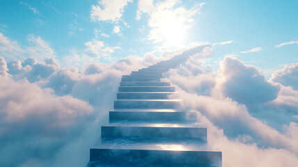 A surreal scene with a series of ascending stair steps into the clouds, symbolizing personal growth, learning, and the journey to success