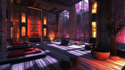 Luxury spa interior with warm ambient lighting, wooden decor, red cushions, and serene atmosphere