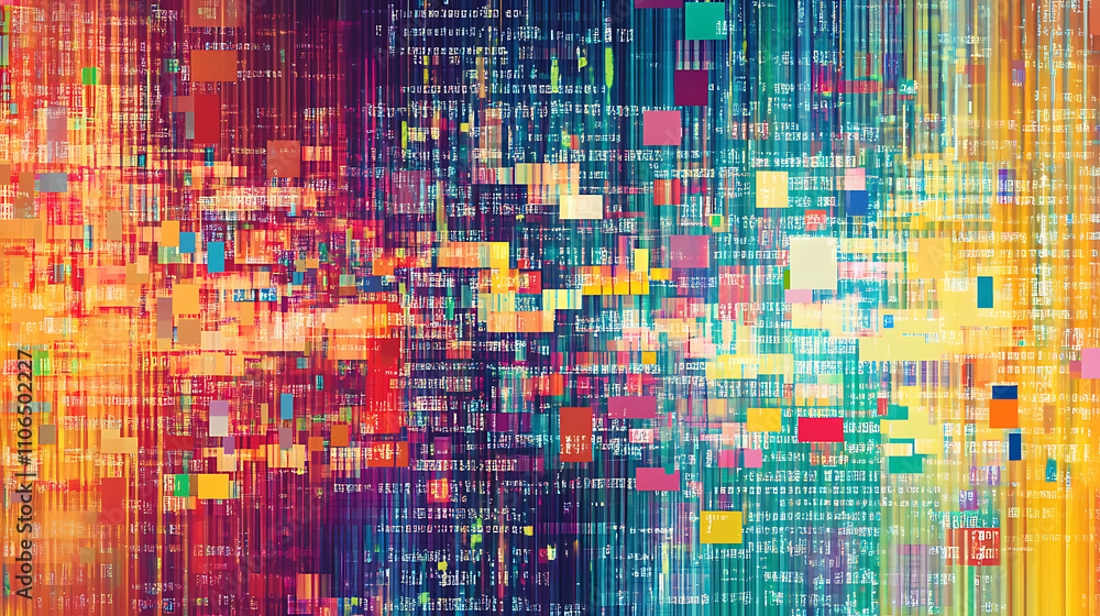 Aufkleber Abstract digital artwork of a glitch error screen with colorful hexadecimal code overlay